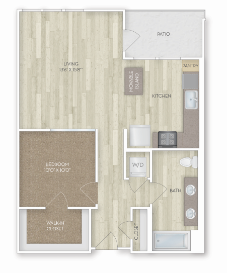 Floor plan for 1 bed, 1 bath, 769 sqft